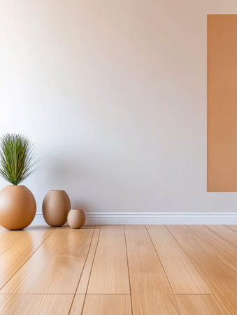 A spacious room features light wooden flooring beige walls and minimalist decor. Potted plants and ceramic vases add a touch of nature and elegance to the inviting atmosphere.の素材