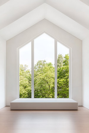 Spacious room featuring a minimalist style with large triangular windows that provide a clear view of lush greenery outside. The natural light fills the area enhancing its calm atmosphere.の素材