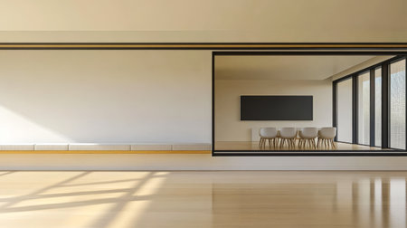 A bright and airy space features sleek lines and minimalist furniture. Large windows invite natural light highlighting the simple elegance of the room design and creating a warm atmosphere.の素材