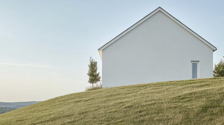 A sleek white house sits prominently on a gently sloping hill surrounded by grassy fields. The golden hour light enhances the simplicity of its design against the tranquil landscape.の素材