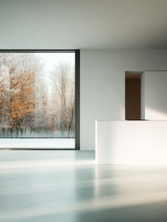 A spacious interior features sleek white surfaces and a large window showcasing a serene winter landscape with bare trees. Natural light fills the room enhancing the minimalist aesthetic.の素材
