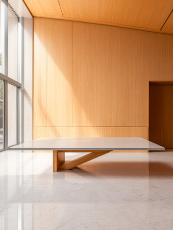 A spacious room showcases a sleek modern table with a wooden base. Natural light floods through large windows highlighting the warm wood paneling and polished marble floor.の素材