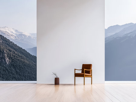 A spacious room showcases a minimalistic chair facing a large wall with stunning views of mountains. Natural light enhances the serene atmosphere highlighting the simple decor.の素材