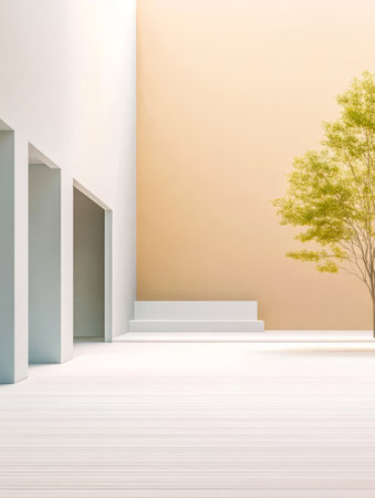 A spacious modern design features a peaceful courtyard with a single tree and soft neutral colors creating a harmonious outdoor space ideal for relaxation or meditation.の素材