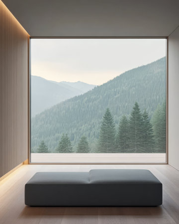 A minimalist room features a sleek bench facing large windows that open to a tranquil view of misty mountains and dense evergreen forests. Soft natural light fills the space.の素材
