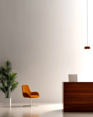 A modern office space showcases a stylish wooden desk alongside an orange chair and a lush plant creating a warm and inviting atmosphere in a well-lit environment.の素材