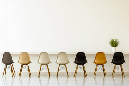 A row of stylish chairs in various colors sits neatly against a plain wall. A small potted plant adds a touch of greenery to the minimalist setting enhancing the modern atmosphere.の素材