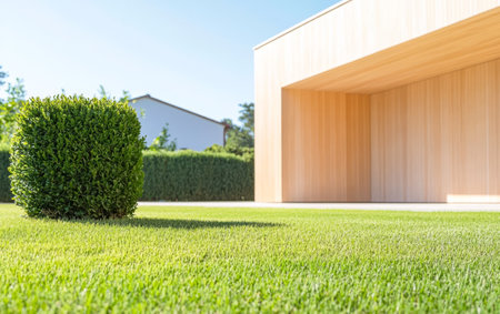A neatly trimmed green lawn features a round bush in the foreground while a contemporary wooden structure basks in sunny daylight. The backdrop includes greenery enhancing the serene atmosphere.の素材