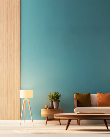 A cozy living room features a blue accent wall minimalist furniture and plants creating a welcoming atmosphere filled with natural light.の素材