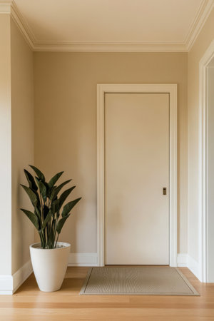 The hallway showcases a contemporary design with a neutral color palette. A tall potted plant stands beside a closed door enhancing the clean lines of the space.の素材