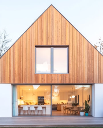 A contemporary house showcases a peaked wooden exterior large glass windows and a welcoming open kitchen view. The peaceful environment is accentuated by natural light and minimalist decor.の素材