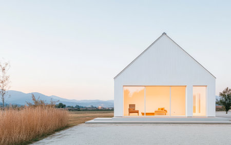 A contemporary white house stands amidst an open field during sunset with large glass windows showcasing an inviting interior. The peaceful setting enhances the modern aesthetic.の素材