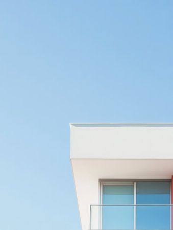 A modern building features a flat roof and large glass windows reflecting a bright blue sky.の素材
