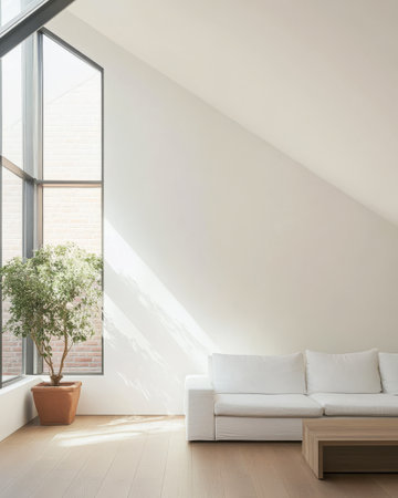 A bright and spacious living room showcases a cozy white sofa a wooden coffee table and a flourishing indoor plant. Sunlight filters through large windows enhancing the serene atmosphere.の素材