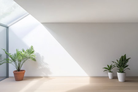 Sunlight pours into a spacious indoor area featuring a large skylight. Two potted plants add a touch of greenery to the minimalist design enhancing the tranquil atmosphere.の素材