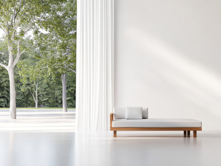 A spacious indoor setting features a modern wood-framed sofa with cushions. A large window offers a bright view of leafy trees outside enhancing the serene atmosphere.の素材