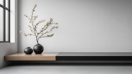 A sleek minimalistic interior features a wooden shelf with two elegant black vases and a flowering branch. Natural light flows through a large window enhancing the serene atmosphere.の素材