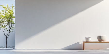 A serene indoor space showcasing a simple design with a wooden bench and plants. Natural light streams in from an opening highlighting the clean lines and tranquility of the setting.の素材