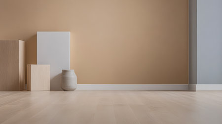 A tranquil room filled with natural light features neutral-colored walls and geometric shapes. Wooden blocks and a ceramic vase create a serene atmosphere ideal for relaxation or inspiration.の素材
