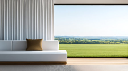 A spacious living room features a minimalist design with a white sofa and a decorative cushion.の素材