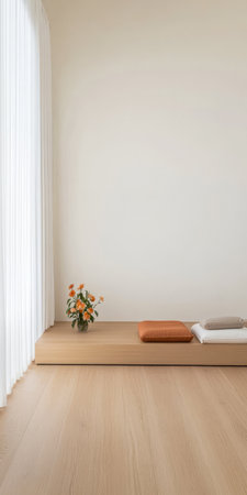 This serene interior space features a light wooden floor soft white curtains and a simple floral arrangement. A cozy seating area is accented by earthy tones and natural light.の素材
