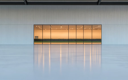 A contemporary building features expansive glass windows allowing natural light to flood in. The interior showcases a sleek polished concrete floor highlighting minimalistic design.の素材