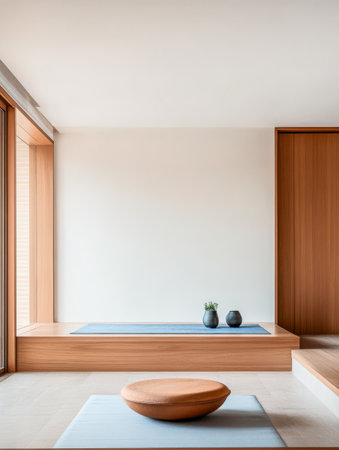 A spacious room showcases a minimalist design with wooden accents. Natural light floods in through large windows illuminating simple furniture and decorative plants creating a calm atmosphere.の素材