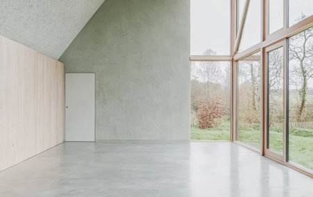 A spacious interior features a smooth concrete floor and minimalist design. Large windows provide abundant natural light showcasing greenery outside. The atmosphere feels calm and inviting.の素材