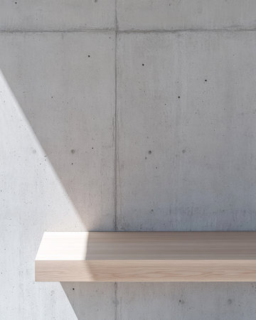 A clean wooden shelf is positioned against a minimalist concrete wall. Soft natural light creates shadows enhancing the simplicity and elegance of the design.の素材