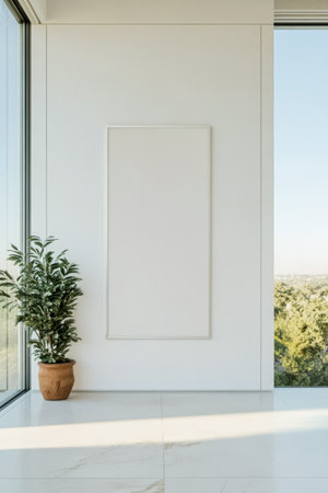 A serene room with large windows offers a view of nature showcasing a blank canvas on a white wall and a potted plant for a minimalist decor style.の素材