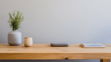A wooden table showcases minimalist design featuring two vases one filled with greenery a small clay vessel a sleek tray and stacked books all against a light wall.の素材