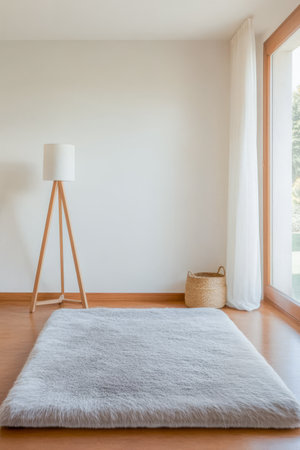 A bright and airy room features a soft fluffy rug on the wooden floor. Natural light streams through large windows illuminating a modern lamp and a woven basket nearby creating a cozy atmosphere.の素材