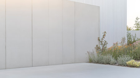 A sleek minimalist outdoor area showcases a smooth concrete floor and a tall plain wall. Soft plants provide a touch of nature against the contemporary structure highlighting simplicity.の素材
