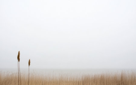 Foggy landscape with tall grass by a calm water body at dawn offering a serene atmosphereの素材