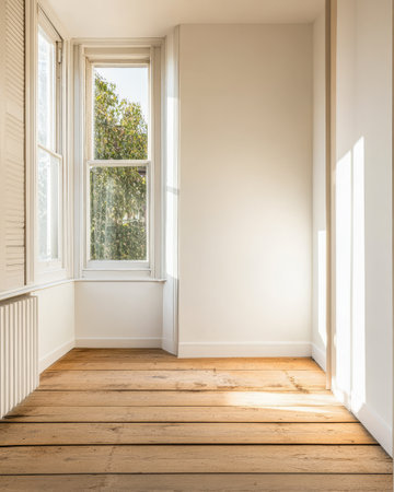 Sunlight streams into a spacious uncluttered room featuring wooden flooring and large windows. The simple design invites tranquility and warmth ideal for relaxation or inspiration.の素材