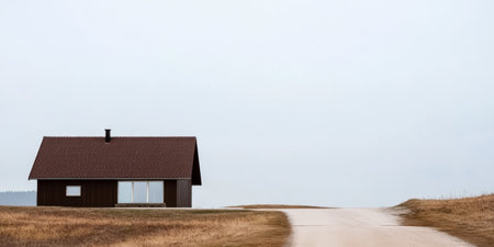 A modern house stands alone beside a wide unpaved road surrounded by open fields. The sky is overcast creating a calm and serene atmosphere in the rural landscape.の素材