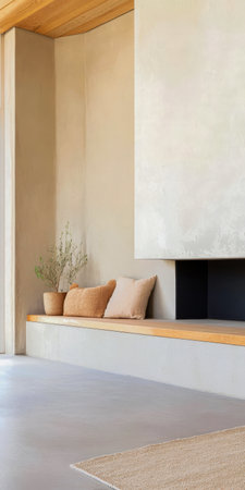A serene indoor setting showcases a sleek fireplace built into a light-colored wall. Soft cushions rest on a wooden ledge while potted plants add subtle charm to the tranquil atmosphere.の素材