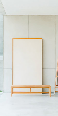 A spacious modern interior features a wooden bench and a large empty canvas against a light wall. The design emphasizes simplicity with clean lines and a serene atmosphere.の素材