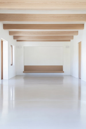 A spacious interior showcases clean lines wooden beams on the ceiling and a simple bench. Neutral colors enhance the serene atmosphere creating an inviting environment.の素材
