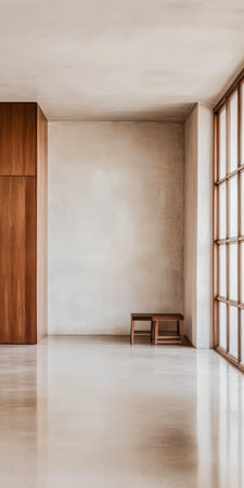 A contemporary room showcases a clean aesthetic with smooth concrete floors. Large windows allow natural light complementing the wooden wall and a simple bench in the corner.の素材