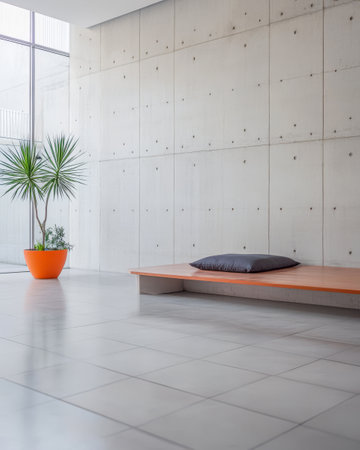 A sleek minimalist room showcases a low wooden seating area with a cushion complemented by a vibrant potted plant. Natural light streams through a large window enhancing the calm atmosphere.の素材