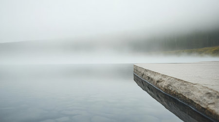 A foggy morning reveals a calm lake with smooth waters reflecting the mist. The shore is visible hinting at tranquil surroundings and a peaceful atmosphere.の素材