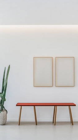 A bright and airy interior features a long red bench with wooden legs against a clean white wall. Two empty frames hang above. A tall green plant adds a touch of nature to the decor.の素材