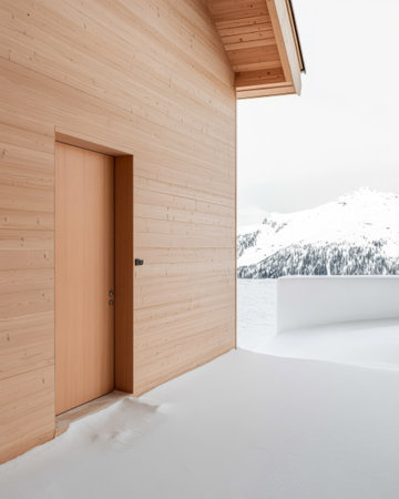 A sleek wooden cabin stands in a snowy environment showcasing a minimalist door and a breathtaking view of snow-covered mountains. The setting exudes tranquility and natural beauty.の素材