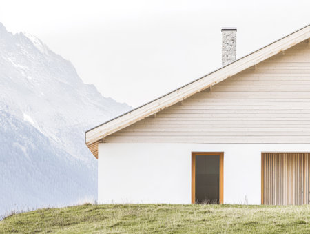 A contemporary house sits on a grassy slope with a stunning mountain backdrop. The architecture features clean lines large windows and a serene atmosphere perfect for peaceful living.の素材
