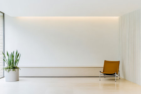 A spacious interior showcases a stylish chair beside a large indoor plant. Soft lighting highlights the clean lines of the design. The neutral color palette enhances the minimalist aesthetic.の素材