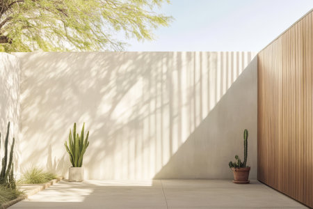 A tranquil courtyard features smooth walls that create interesting shadows from the sunlight. Potted plants add greenery enhancing the minimalist design in a peaceful atmosphere.の素材