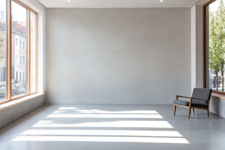 A spacious empty room features large windows letting in natural light casting shadows across the smooth floor. A single chair adds a touch of minimalism to the serene atmosphere.の素材