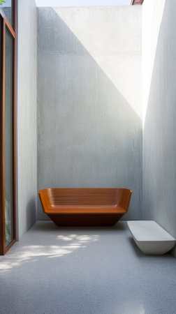 A stylish seating area features a wooden chair and a sleek white bench illuminated by natural light streaming through large windows. The smooth gray walls enhance the minimalist aesthetic.の素材