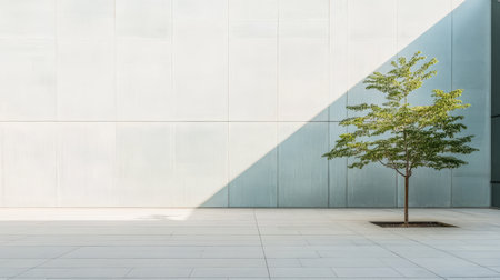 A single green tree stands in a square planter against a pale wall casting a sharp shadow on the ground. The minimalist composition highlights the interplay of light and space.の素材
